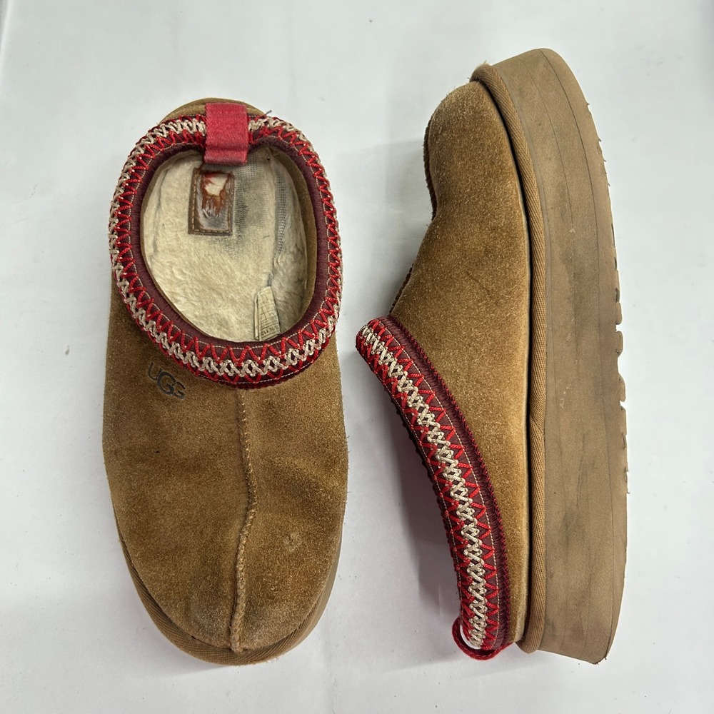 UGG‎ Tazz Platform Slipper Embroidered Braid Size 9 Chestnut Brown Cozy Boho